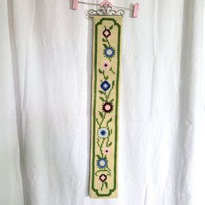 Vintage Folk Art Floral Tapestry Wall Hanging Embroidery w/ Metal Scroll Hanger